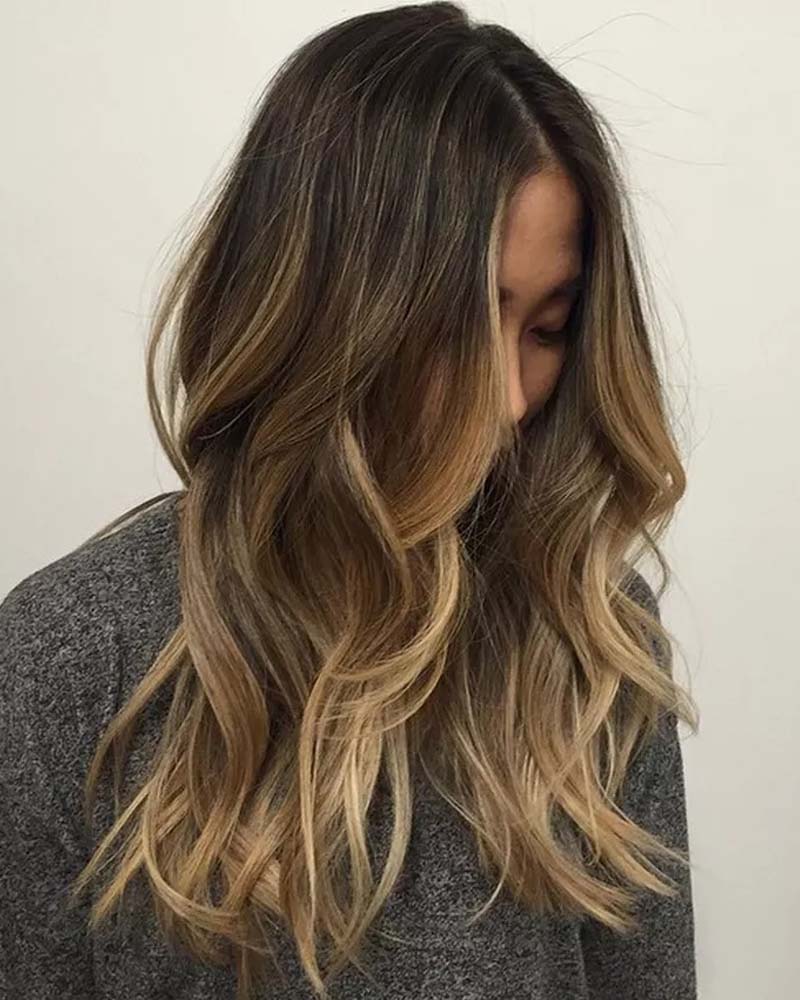 cheveux noirs met en évidence des reflets blonds caramel ombre - Luxe Digital