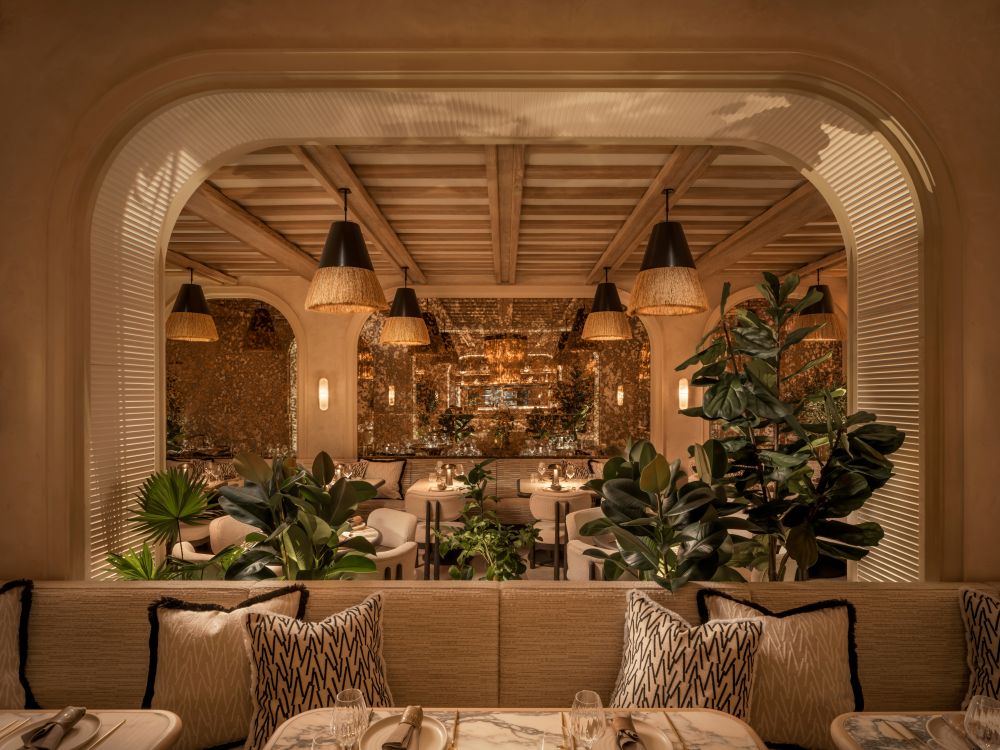 Intérieur de restaurant élégant à Mayfair, avec des plantes luxuriantes, des sièges élégants et un éclairage chaleureux, parfait pour déguster des truffes.